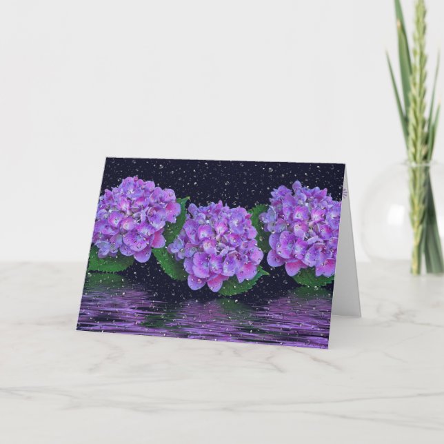 Purple Hydrangea and Raindrops Thinking of You Card (Front)