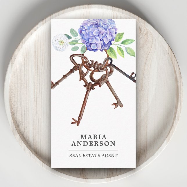 Purple Hydrangea Antique Keys Real Estate Agent Business Card (Creator Uploaded)