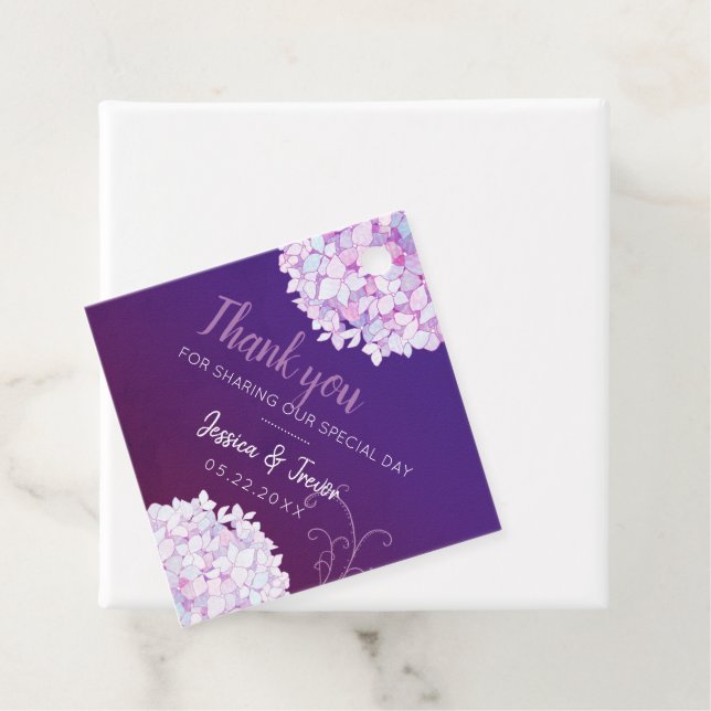 Purple Hydrangea Blooms Wedding Favour Tags (In Situ)