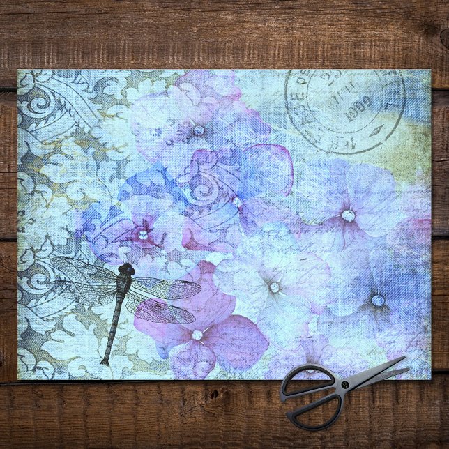 Purple Hydrangea Dragonfly Postmark Decoupage Tissue Paper (Creator Uploaded)