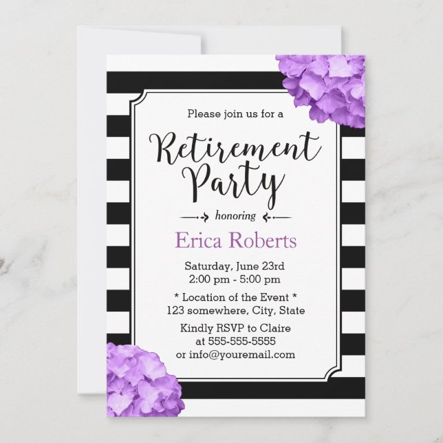 Purple Hydrangea Floral Modern Stripes Retirement Invitation (Front)