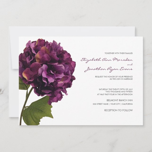 Purple Hydrangea - floral wedding invitation (Front)