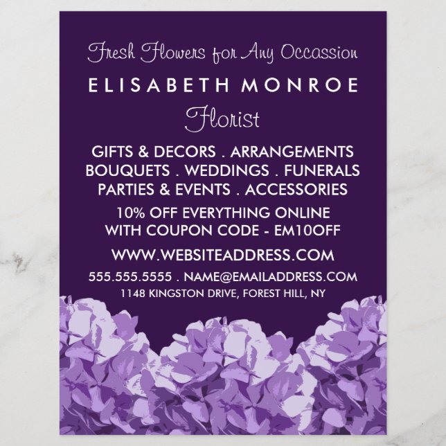 Purple Hydrangea, Floristry Advertising Flyer (Front)