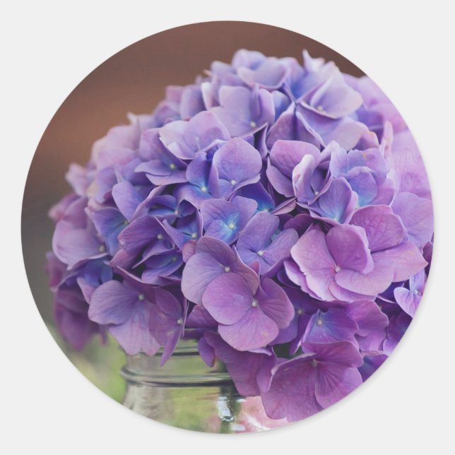 Purple Hydrangea in Mason Jar Photograph Classic Round Sticker (Front)
