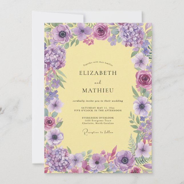 Purple Hydrangea Ivory Eucalyptus Wedding Invitation (Front)