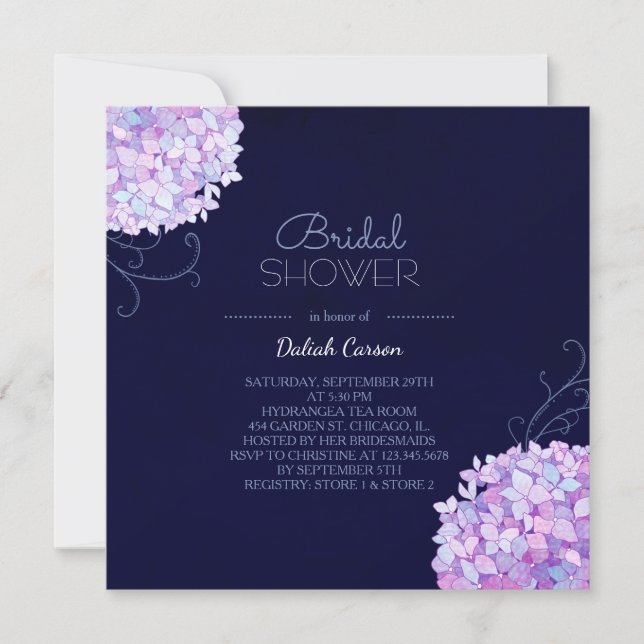 Purple Hydrangea Navy Blue Bridal Shower Invitation (Front)