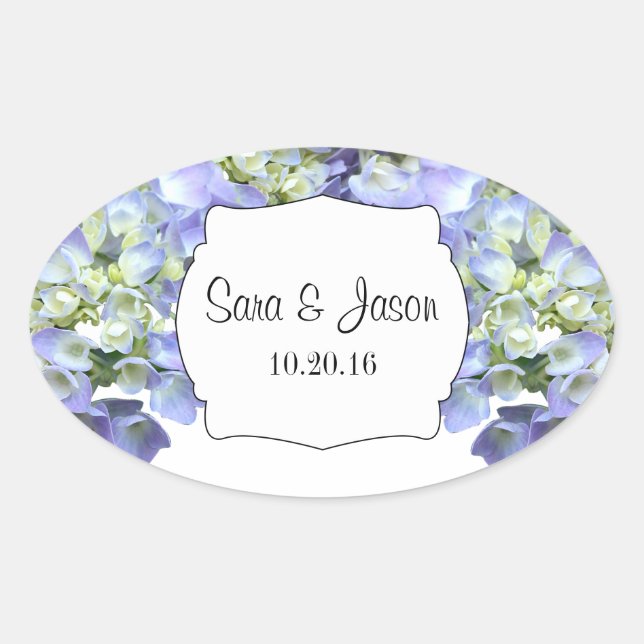 Purple hydrangea Personalised Wedding Oval Sticker (Front)