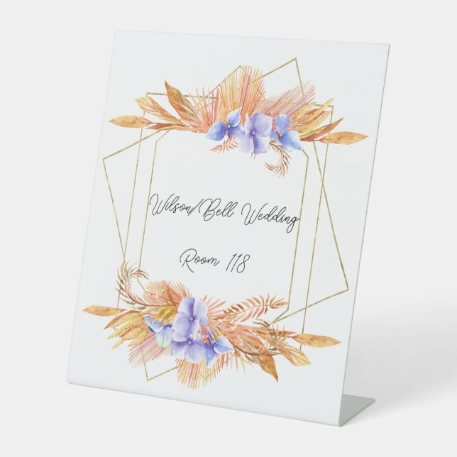 Purple Hydrangea Petals Geometric Frame Wedding  Pedestal Sign (Front)