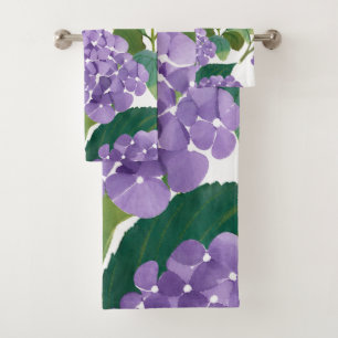 Purple Hydrangea Watercolor Floral Coastal Bath Towel Set
