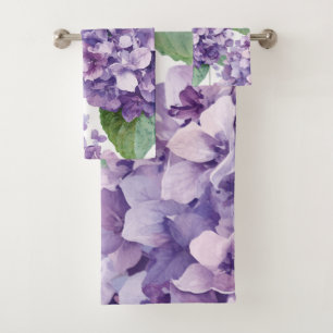 Purple Hydrangea Watercolor Floral Lavender Bloom  Bath Towel Set