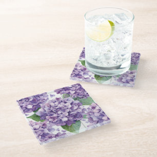 Purple Hydrangea Watercolor Floral Lavender Bloom Glass Coaster