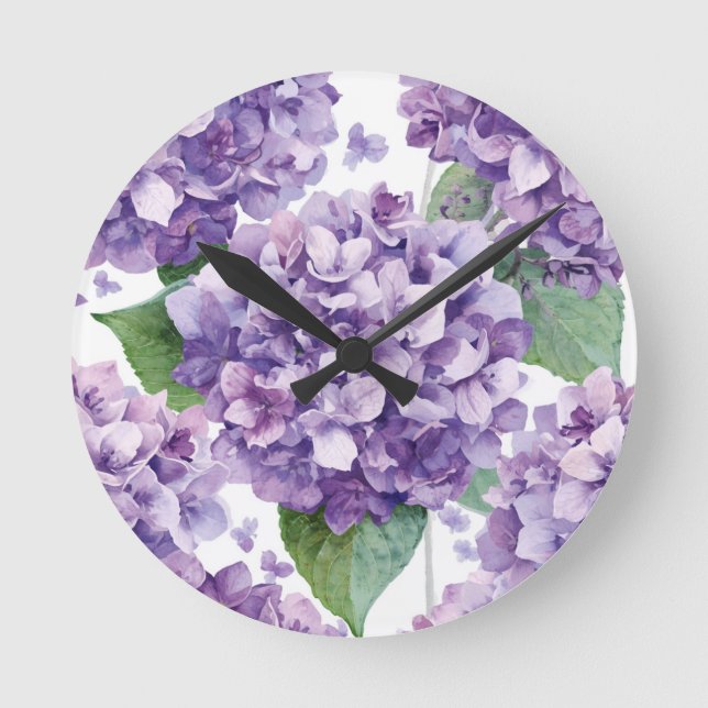 Purple Hydrangea Watercolor Floral Lavender Bloom  Round Clock (Front)