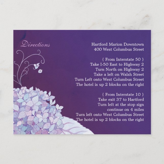 Purple Hydrangea Wedding Direction Accommodation Postcard (Front)
