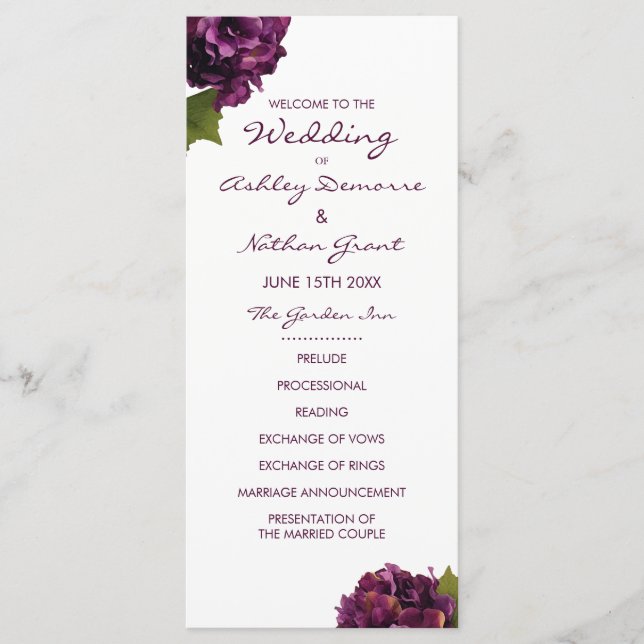 Purple Hydrangea Wedding Program Programme (Front)
