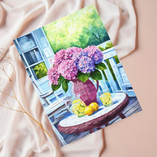 Purple Hydrangea with Lemonade on Wicker Porch Postcard