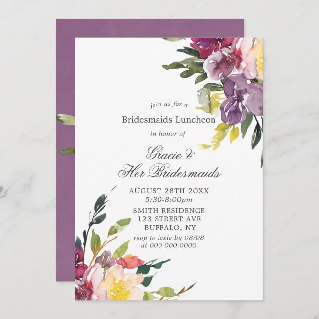 Purple Hydrangeas Bridesmaids Luncheon Invites (Front/Back)
