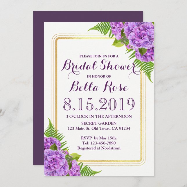 Purple Hydrangeas Faux Gold Bridal Shower Invite (Front/Back)
