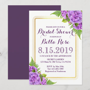 Purple Hydrangeas Faux Gold Bridal Shower Invite