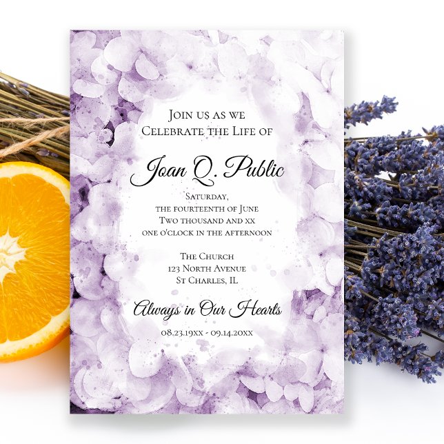 Purple Hydrangeas Watercolor Celebration of Life Invitation (Creator Uploaded)