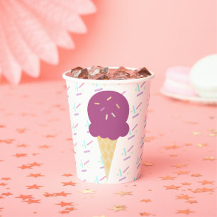 Purple Ice Cream Cone Sprinkles Stars Dots Paper Cups