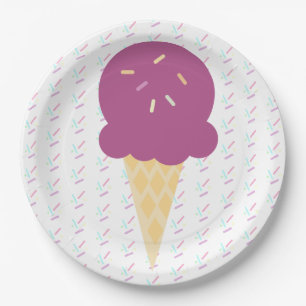 Purple Ice Cream Cone Sprinkles Stars Dots Paper Plate