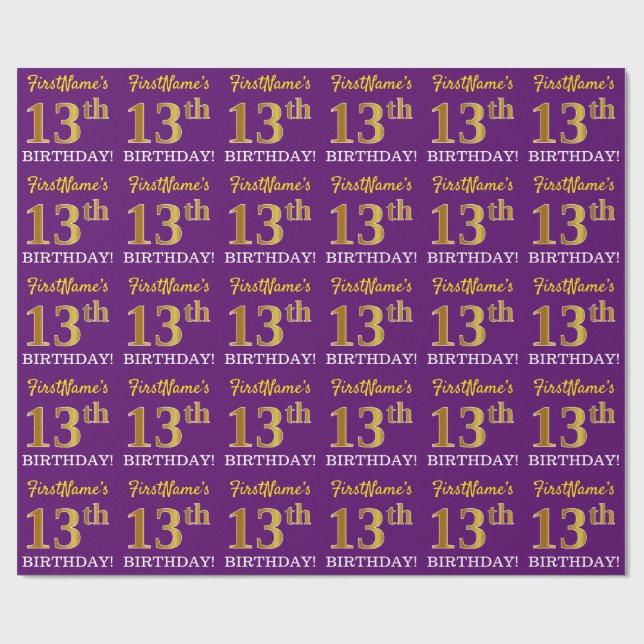 Purple, Imitation Gold Look "13th BIRTHDAY" Wrapping Paper (Flat)