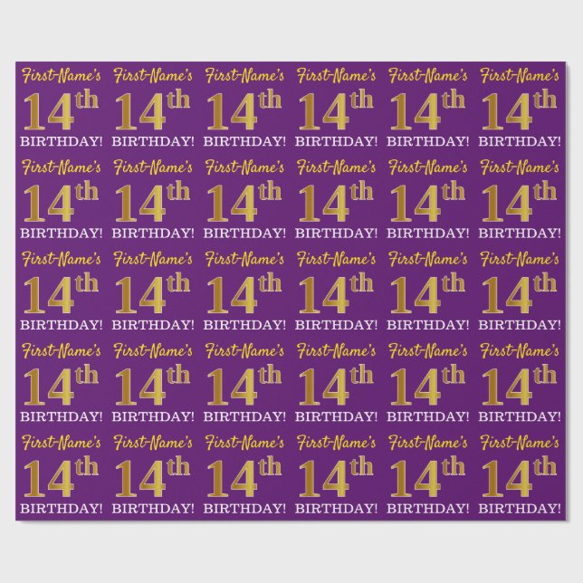 Purple, Imitation Gold Look "14th BIRTHDAY" Wrapping Paper (Flat)