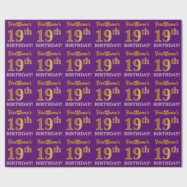 Purple, Imitation Gold Look "19th BIRTHDAY" Wrapping Paper (Flat)
