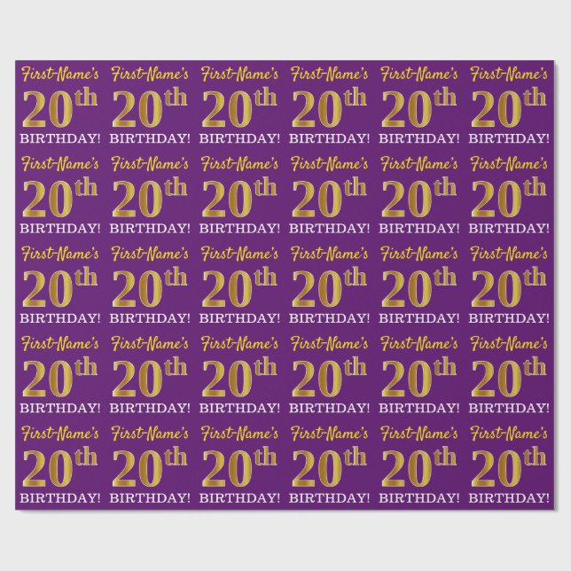 Purple, Imitation Gold Look "20th BIRTHDAY" Wrapping Paper (Flat)