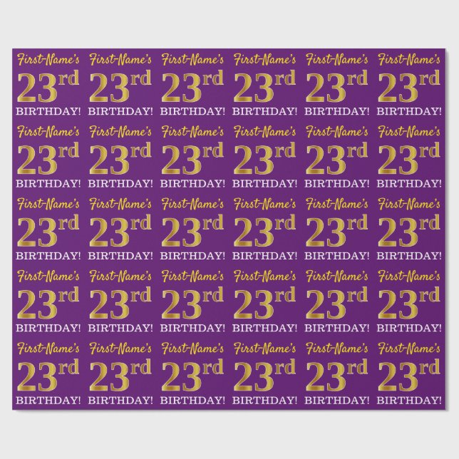 Purple, Imitation Gold Look "23rd BIRTHDAY" Wrapping Paper (Flat)