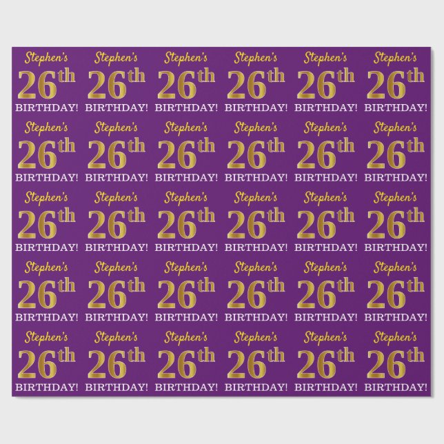 Purple, Imitation Gold Look "26th BIRTHDAY" Wrapping Paper (Flat)