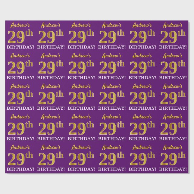 Purple, Imitation Gold Look "29th BIRTHDAY" Wrapping Paper (Flat)