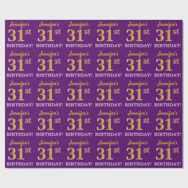 Purple, Imitation Gold Look "31st BIRTHDAY" Wrapping Paper (Flat)