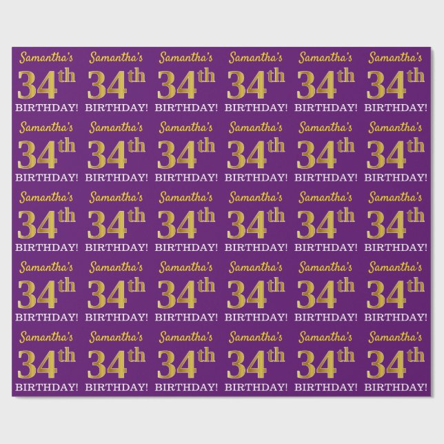 Purple, Imitation Gold Look "34th BIRTHDAY" Wrapping Paper (Flat)