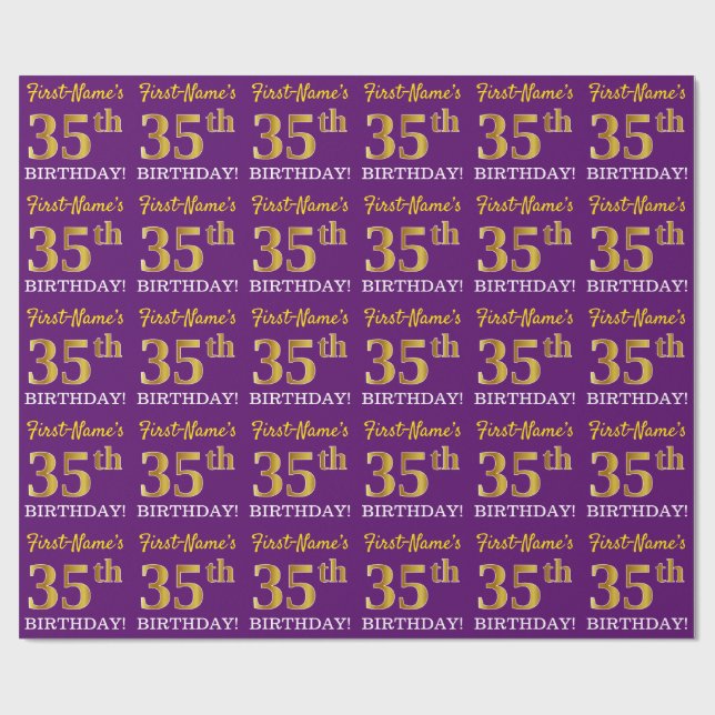 Purple, Imitation Gold Look "35th BIRTHDAY" Wrapping Paper (Flat)