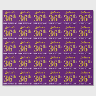 Purple, Imitation Gold Look "36th BIRTHDAY" Wrapping Paper