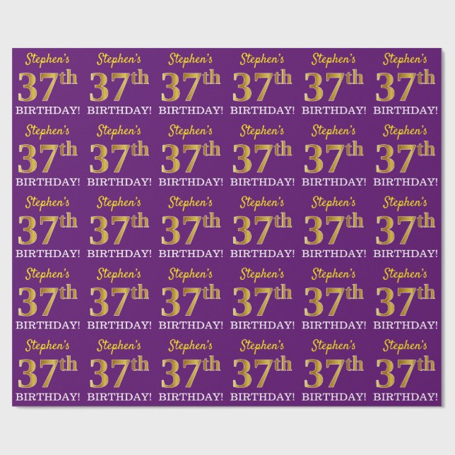 Purple, Imitation Gold Look "37th BIRTHDAY" Wrapping Paper (Flat)
