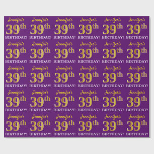 Purple, Imitation Gold Look "39th BIRTHDAY" Wrapping Paper