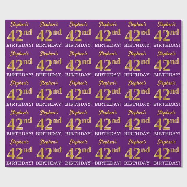 Purple, Imitation Gold Look "42nd BIRTHDAY" Wrapping Paper (Flat)
