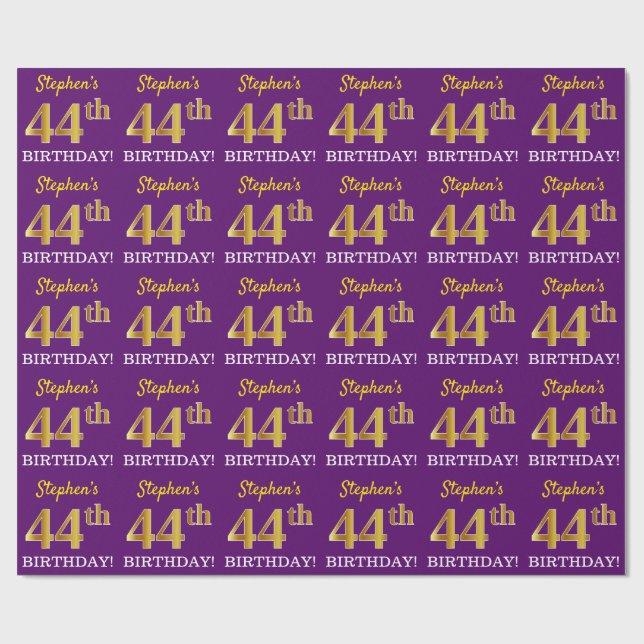 Purple, Imitation Gold Look "44th BIRTHDAY" Wrapping Paper (Flat)
