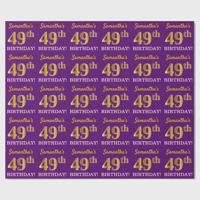 Purple, Imitation Gold Look "49th BIRTHDAY" Wrapping Paper (Flat)
