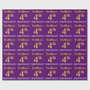 Purple, Imitation Gold Look "4th BIRTHDAY" Wrapping Paper