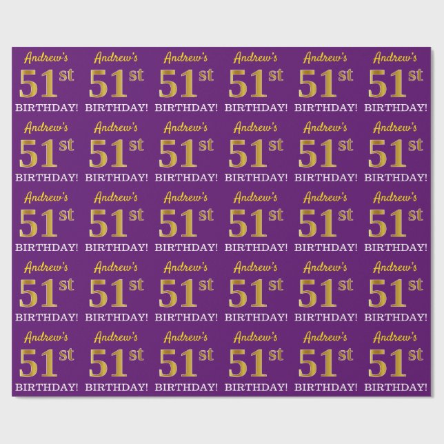 Purple, Imitation Gold Look "51st BIRTHDAY" Wrapping Paper (Flat)
