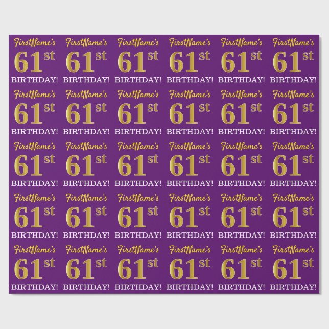 Purple, Imitation Gold Look "61st BIRTHDAY" Wrapping Paper (Flat)