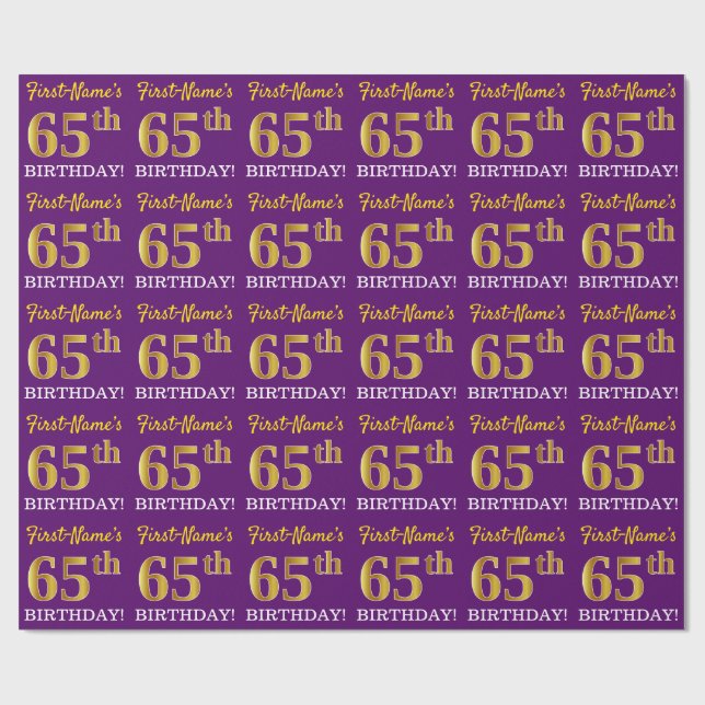 Purple, Imitation Gold Look "65th BIRTHDAY" Wrapping Paper (Flat)