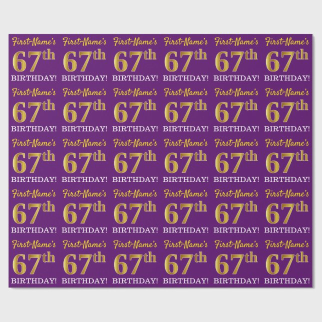 Purple, Imitation Gold Look "67th BIRTHDAY" Wrapping Paper (Flat)