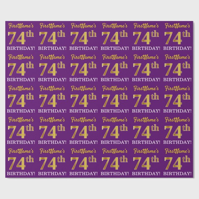 Purple, Imitation Gold Look "74th BIRTHDAY" Wrapping Paper (Flat)