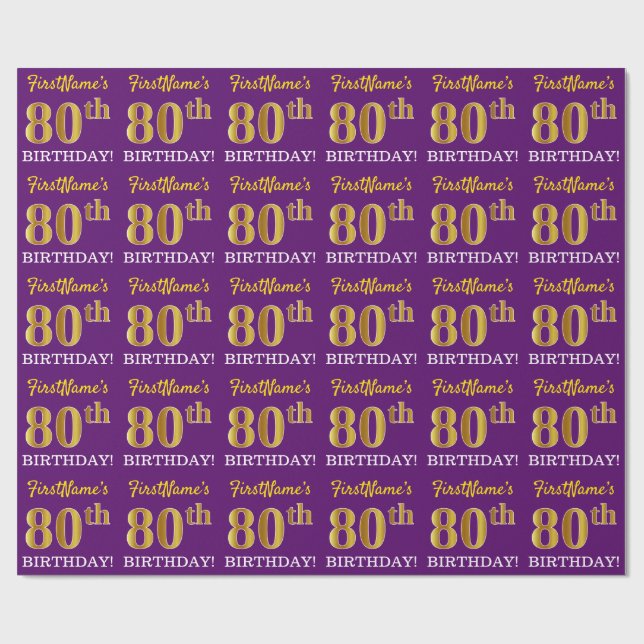 Purple, Imitation Gold Look "80th BIRTHDAY" Wrapping Paper (Flat)