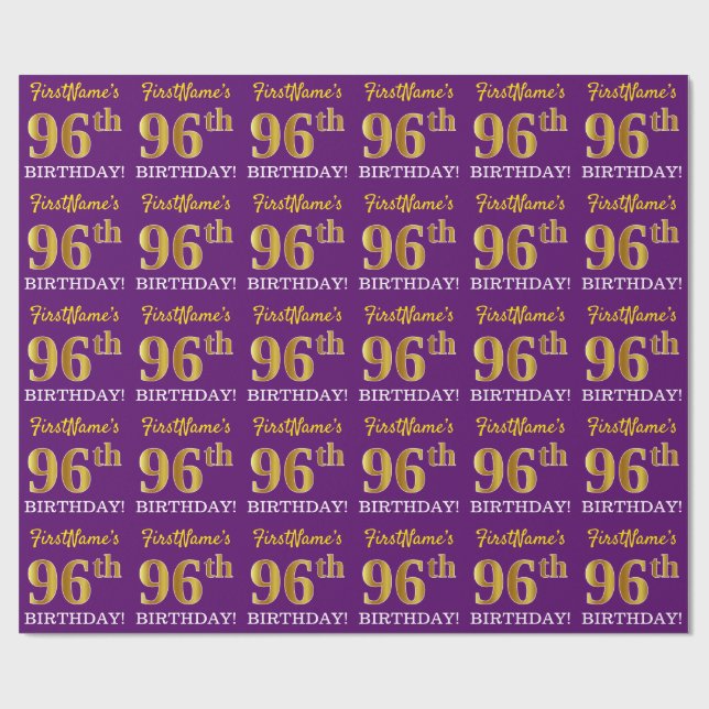 Purple, Imitation Gold Look "96th BIRTHDAY" Wrapping Paper (Flat)