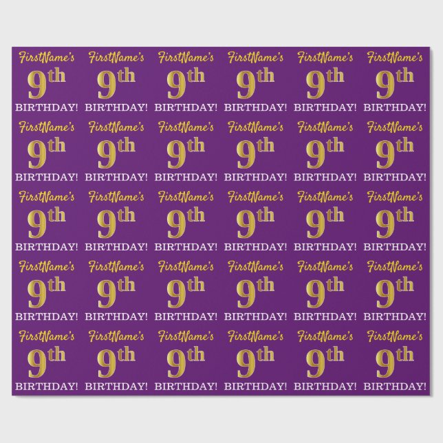 Purple, Imitation Gold Look "9th BIRTHDAY" Wrapping Paper (Flat)